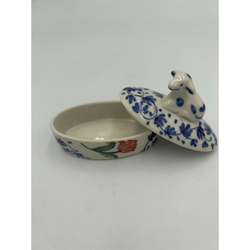 Vintage Delfts Holland Hand painted Floral Oval Trinket Box cow